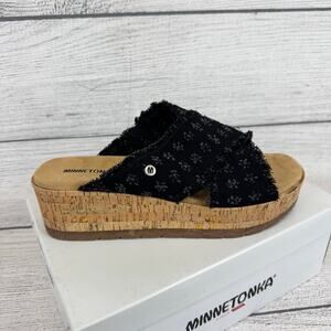 Minnetonka Women's Black Distressed Denim Posey Wedge Sandals Size 11